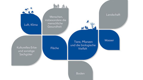 Die Grafik zeigt die verschiedenen Schutzgüter, die für die Umweltverträglichkeitsstudie relevant sind.