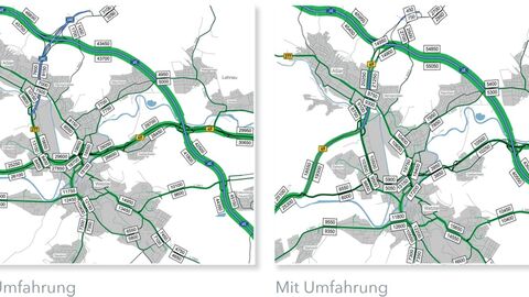 Übersicht Verkehrsentlastung Übersicht Verkehrsentlastung - dargestellt auf einer Landkarte, einmal ohne Umfahrung, daneben mit Umfahrung