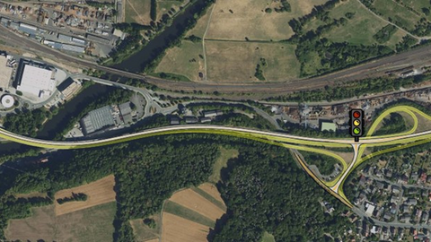 Farbig markiertes Luftbild zeigt den Streckenverlauf