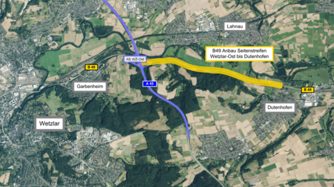 Luftaufnahme zeigt Seitenstreifenanbau Strecke B 49 Wetzlar-Ost bis Dutenhofen